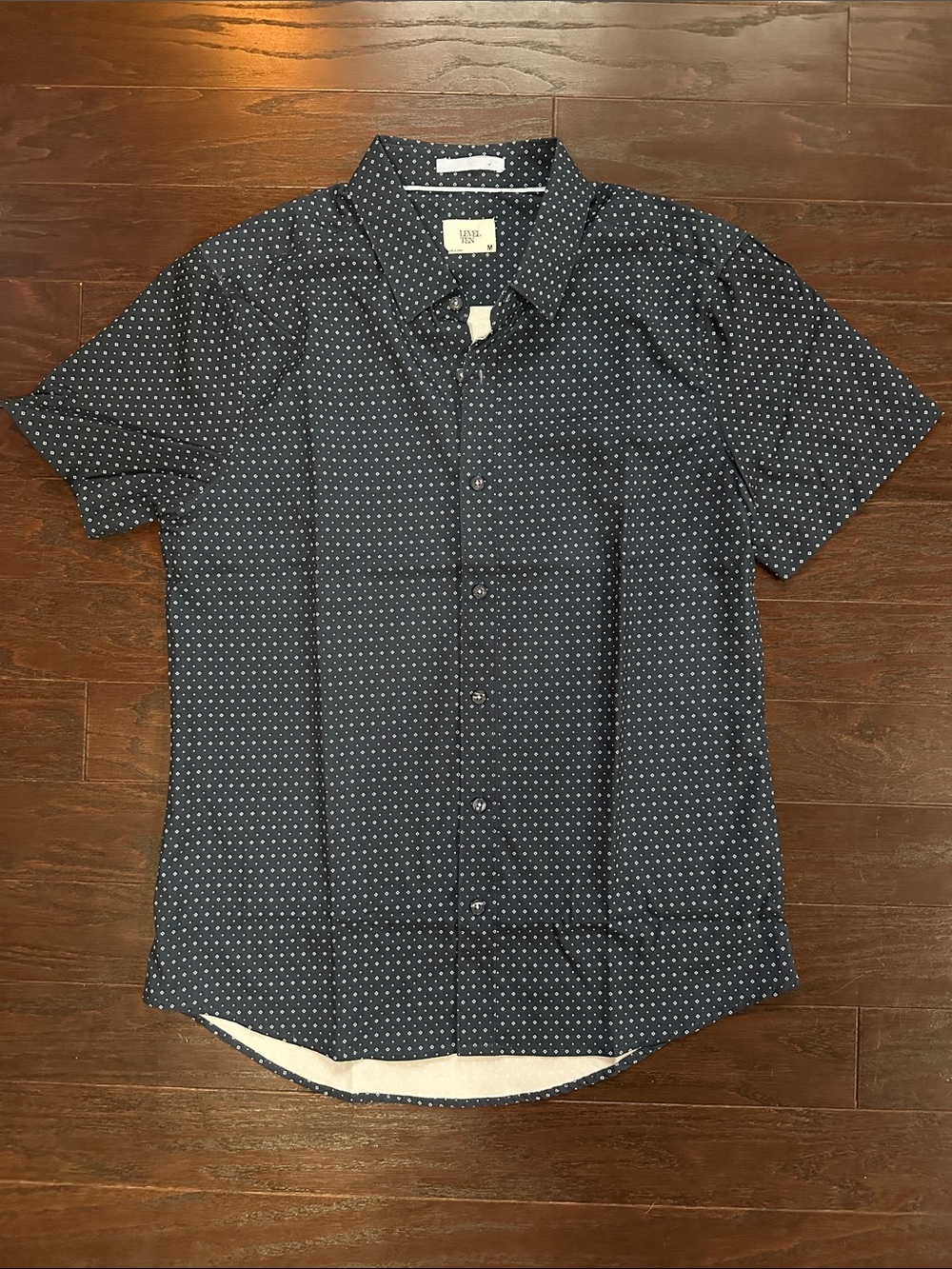 Men's Short-Sleeve Navy Button-Down Shirt with Micro Dot Print